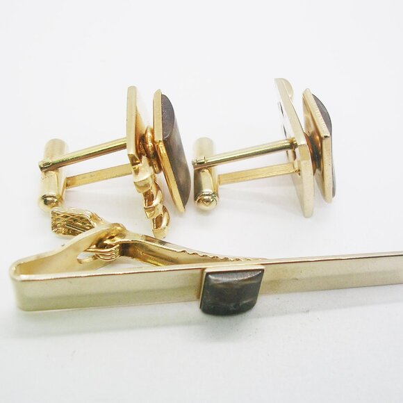 Vintage Cuff Links matching Tie Clip Bar Acrylic Marble Front gold tone - Picture 2 of 3